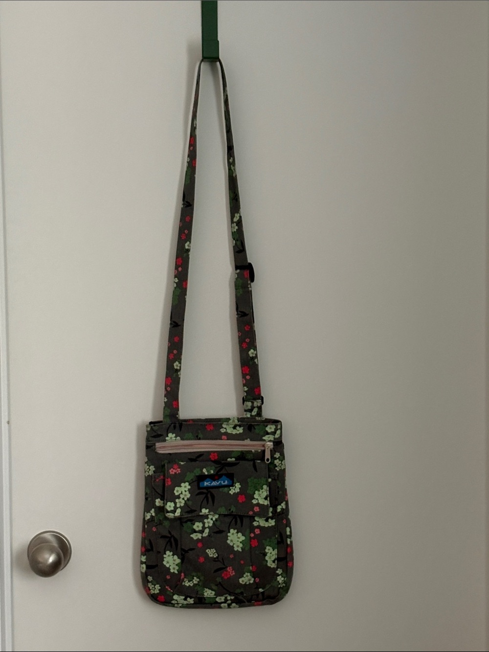 Kavu Olive Green Floral Crossbody Bag with Red Accents